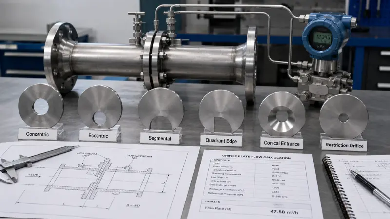 Types of orifice plate flow meters including concentric, eccentric, segmental, quadrant edge, conical entrance, and restriction orifice designs. Types of orifice plate flow meters including concentric, eccentric, segmental, quadrant edge, conical entrance, and restriction orifice designs.
