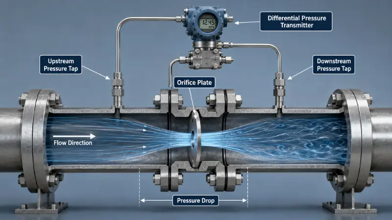 Orifice plate flow meter working principle showing pressure drop across the plate and a differential pressure transmitter. Orifice plate flow meter working principle showing pressure drop across the plate and a differential pressure transmitter.