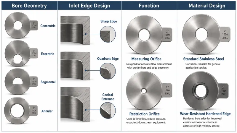 Classification of orifice plate flow meter types by bore geometry, inlet edge design, function, and material construction. Classification of orifice plate flow meter types by bore geometry, inlet edge design, function, and material construction.