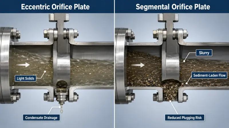 Eccentric and segmental orifice plates compared for dirty liquid, condensate, slurry, and sediment-laden flow service. Eccentric and segmental orifice plates compared for dirty liquid, condensate, slurry, and sediment-laden flow service.